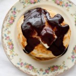 peanut butter pancakes with chocolate maple syrup